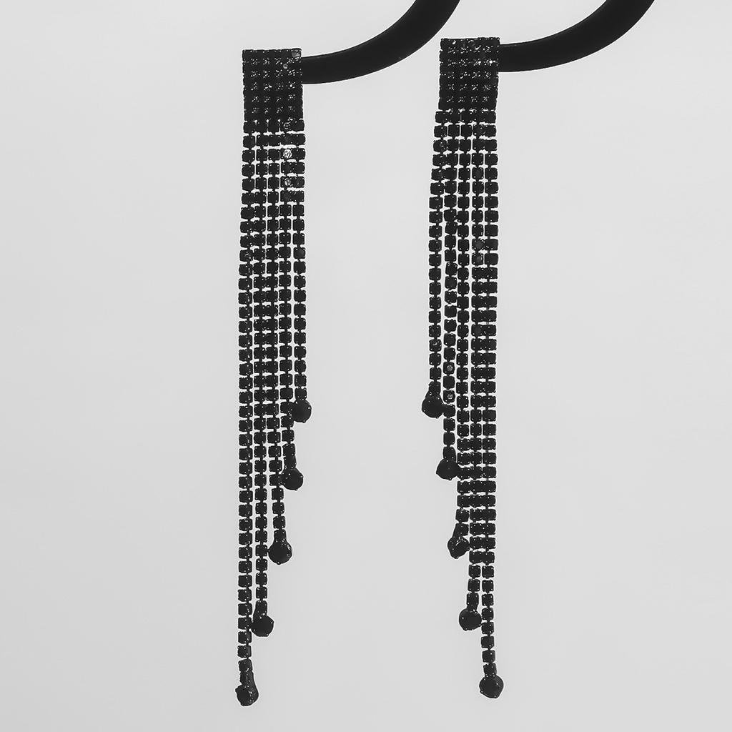 Classic Black Rhinestone Long Bevel Earrings