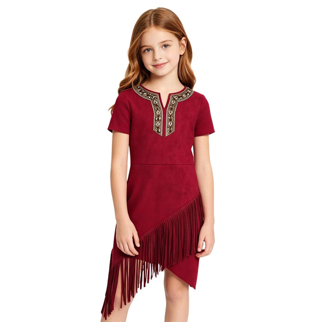 Vestito da bambina stile Southwest con frange Ispirazione nativa Manica corta Orlo con nappe Asimmetrico per Danza teatrale a tema
