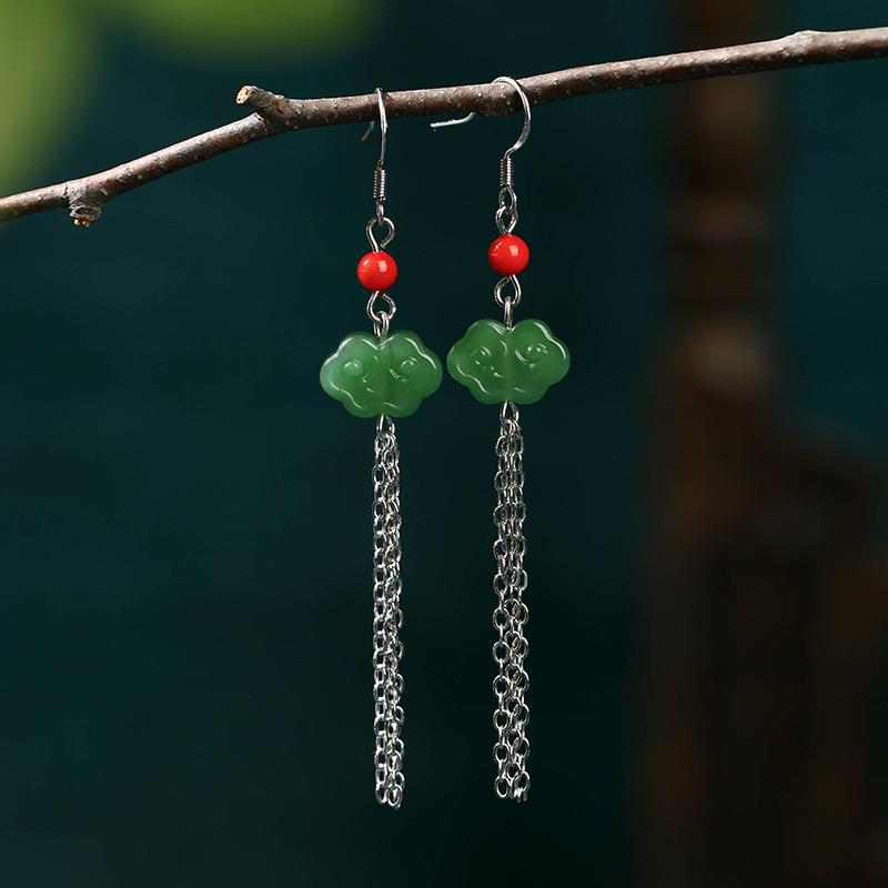 

Aieryuan Retro Chinese Jade Fairy Cloud Tassel Earrings Silver Plated