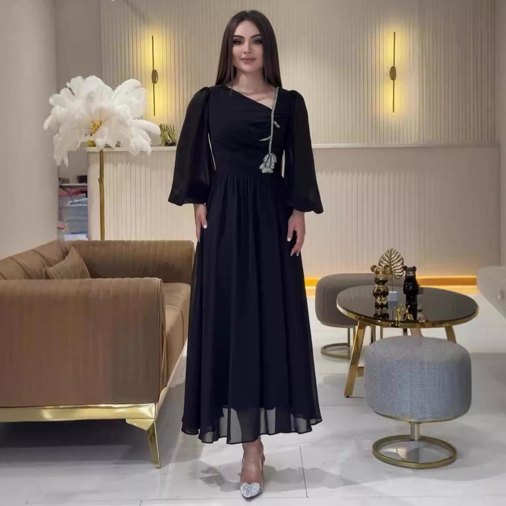 2024 Summer European & American Slimming Mesh Dress with Slanted Collar & Lantern Sleeves