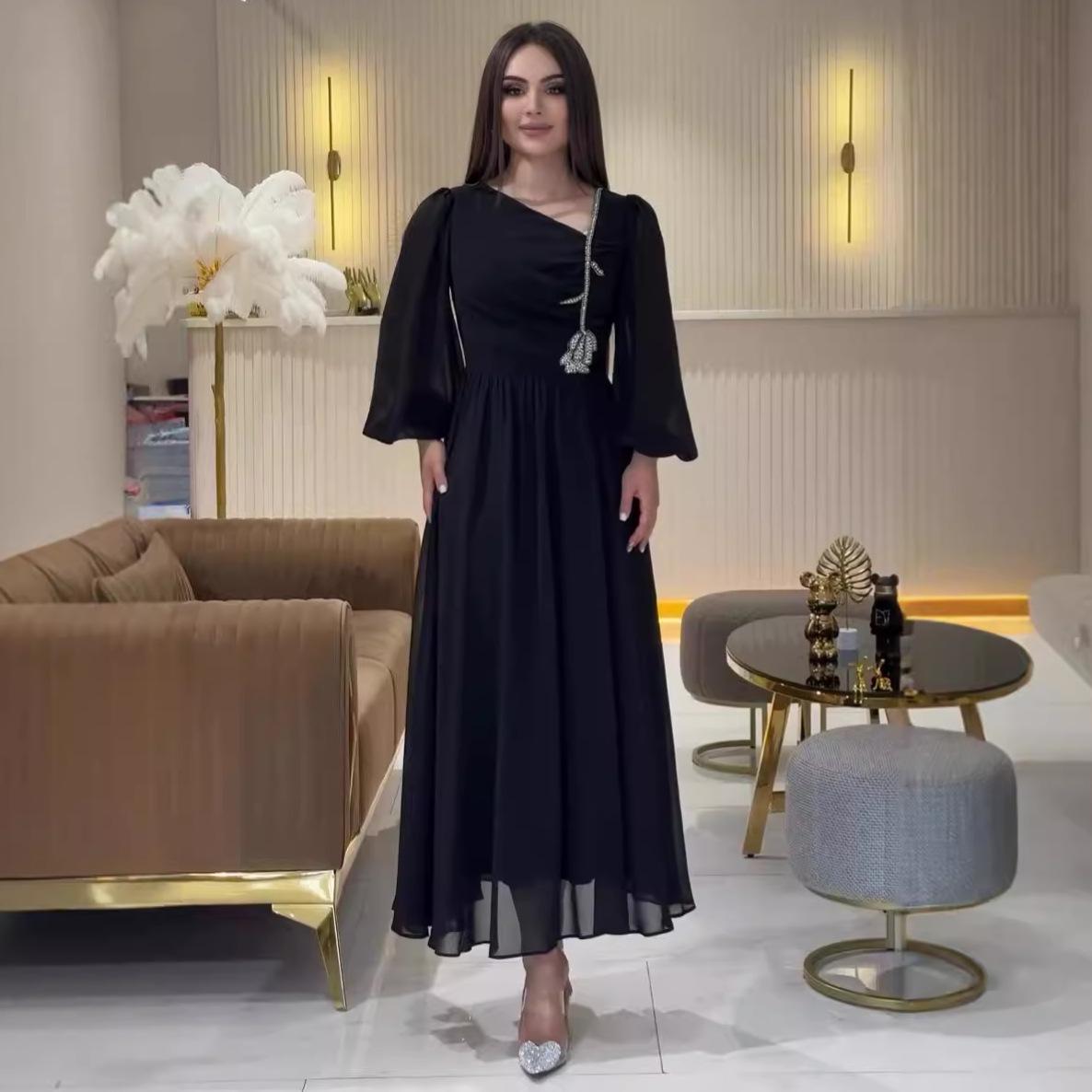 

Летнее облегающее сетчатое платье в европейском и американском стиле 2024 года с косым воротником и рукавами-фонариками XS