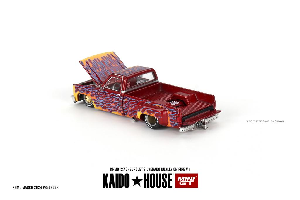 True Scale Miniature Model Car Chevrolet Silverado Dual On Fire V1 Red and Flame Limited Edition Diecast Model Car by Kaido House KHMG127 1/64