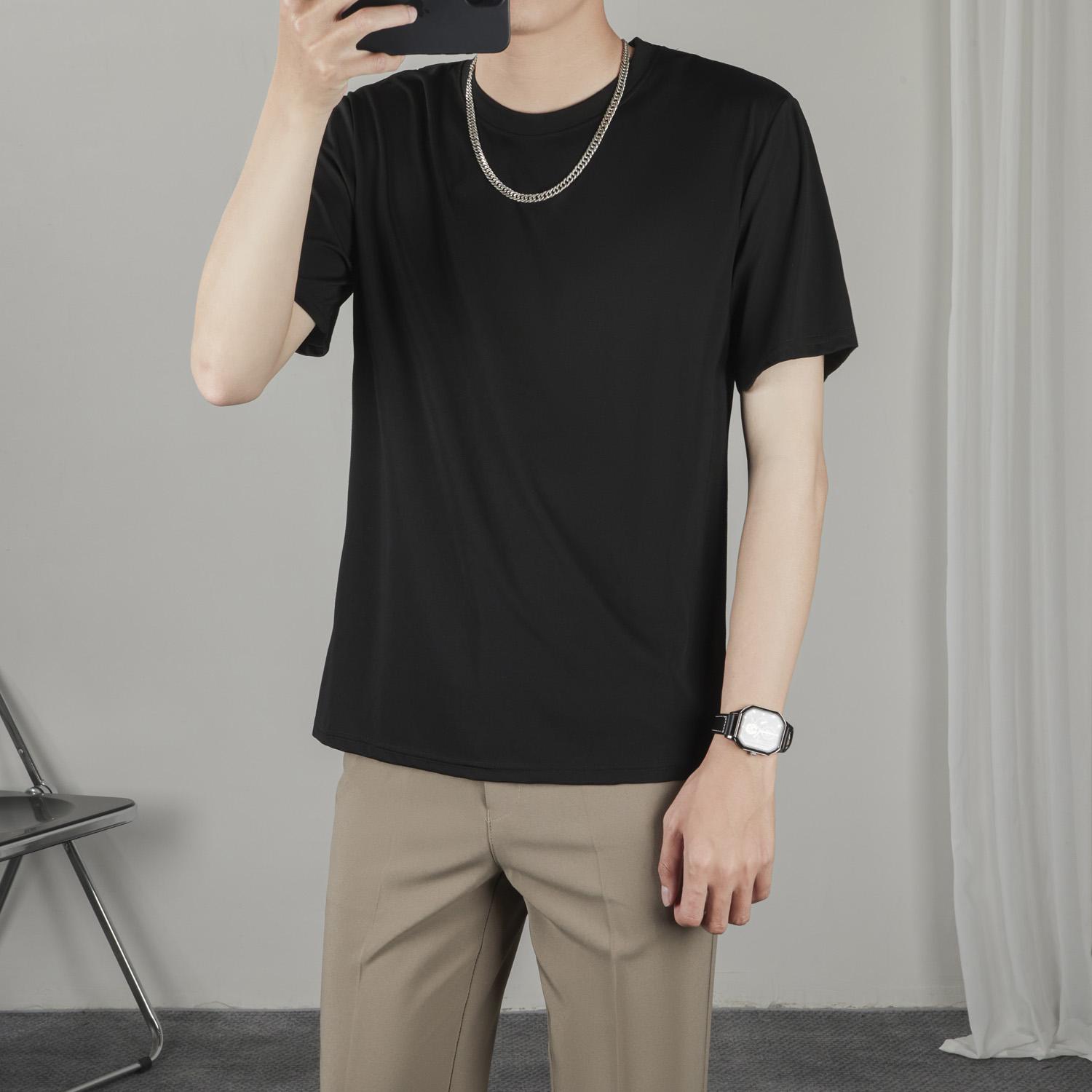 

Мужская летняя футболка из ледяного шелка, облегающего кроя, с круглым вырезом и коротким рукавом XL чёрный