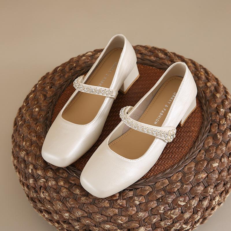 Summer single shoes 2025 new square head shallow mouth rhinestone one-word diamond belt silver low heel flat shoes Mary Jane shoes