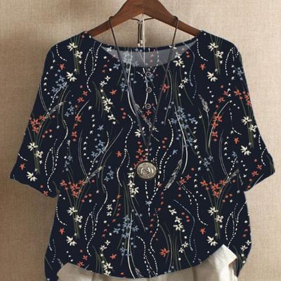 Stil Etnic Femei Gât O Imprimeu Digital Vintage Cămașă Largă Mânecă Scurtă Bluze Topuri Femei Harajuku Casual Pulover
