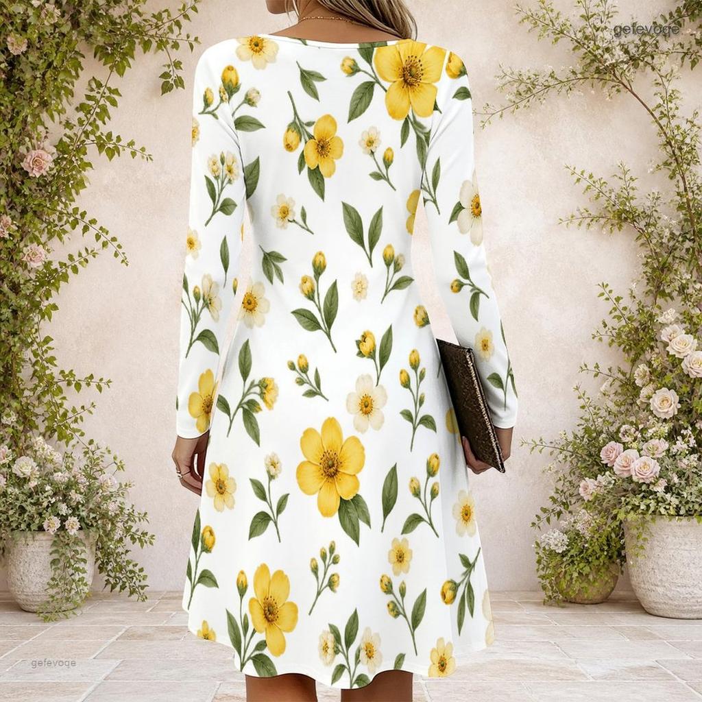 Women Criss Cross V Neck Long Sleeve Floral Printed Dress White Green Curved Hem