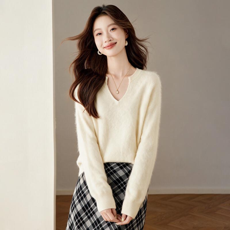 Damen Oversize V-Ausschnitt Kaschmir-Mischung Strickpullover