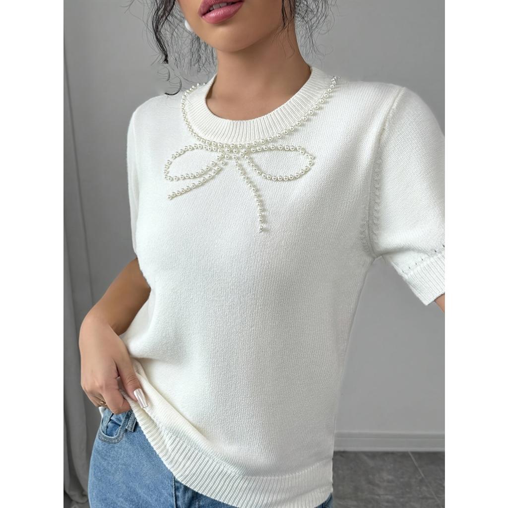 Women's Solid Color Bow Rhinestone Slim Fit Short Sleeve T-shirt Summer Casual Top for European American Cross-border