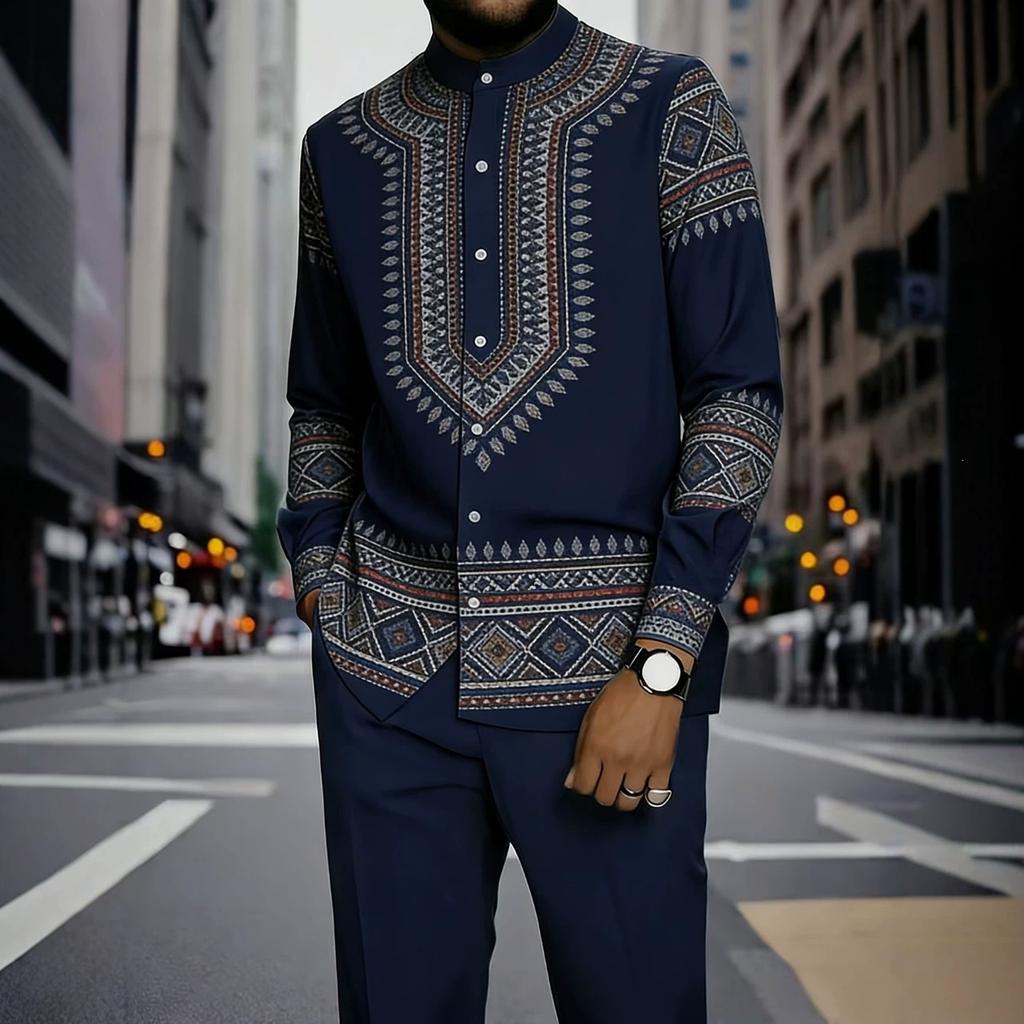 1116 Spring and Autumn Men's Men's Suit 1D Printed African Ethnic Style Stand-Up Neck Long Sleeve Pants Shirt Hugh