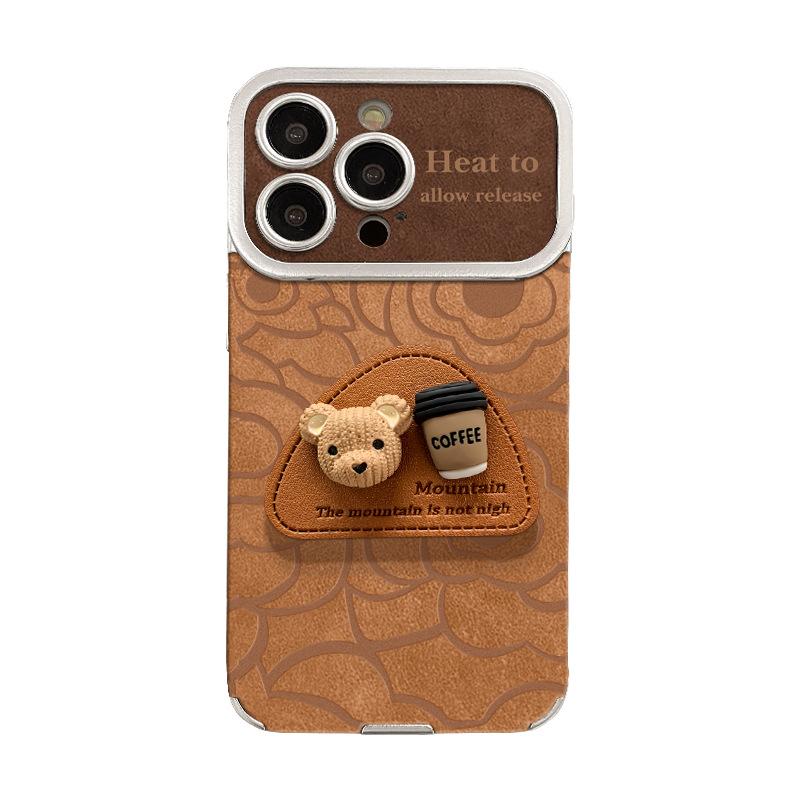 Coffee Bear Tripod Is Suitable for Apple 16 Large Window Phone Cases, 15PM Electroplated Suede 14 Shockproof XR