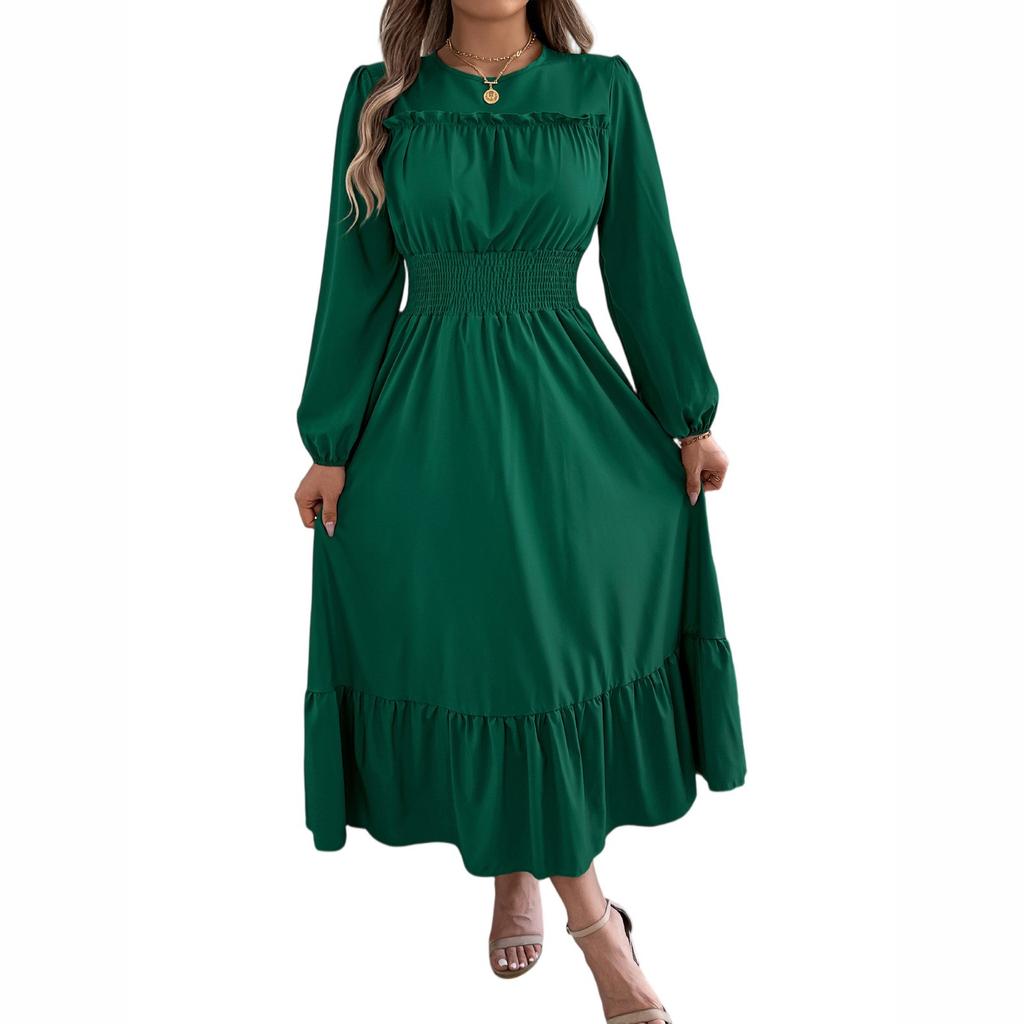 Women's Fashion Retro Solid Color Long Sleeve Waist A-Line Skirt Round Neck Pullover Dress