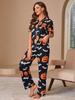 Damen-Pyjama-Set mit offenem Vorderteil und Halloween-Print, mit kurzärmeligem Oberteil und langer Hose – Damen-Loungewear