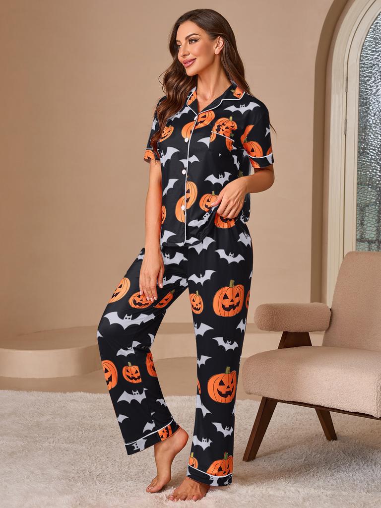 Damen-Pyjama-Set mit offenem Vorderteil und Halloween-Print, mit kurzärmeligem Oberteil und langer Hose – Damen-Loungewear