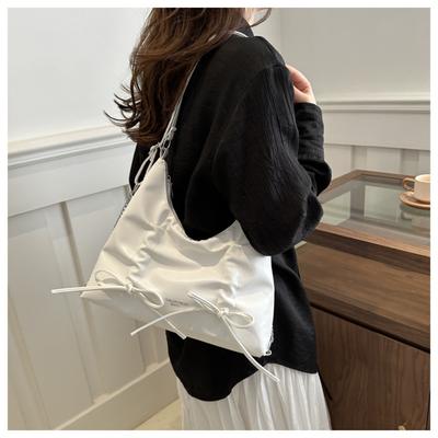 Women‘s Drawstring Wrinkled Bow Tote Bags PU  Shoulder Bag Simple Female Commuting Handbags Backpack