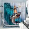 Funny Shower Curtain Cute Sea Cat Riding Shark Whale Cartoon Animal Creativity Kids Bathroom Decor Polyester Fabric Cloth Hooks