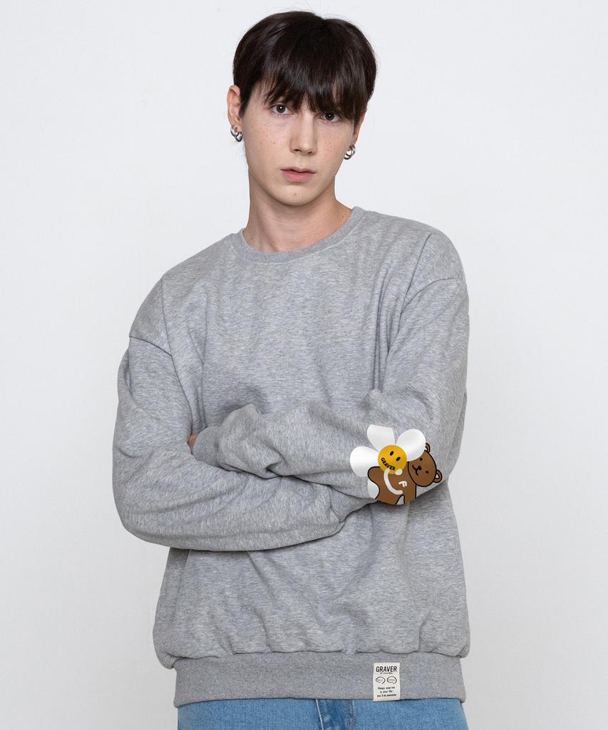 GRAVER [Unisex] Elbow Flower Bear Smile Sweatshirt_Gray