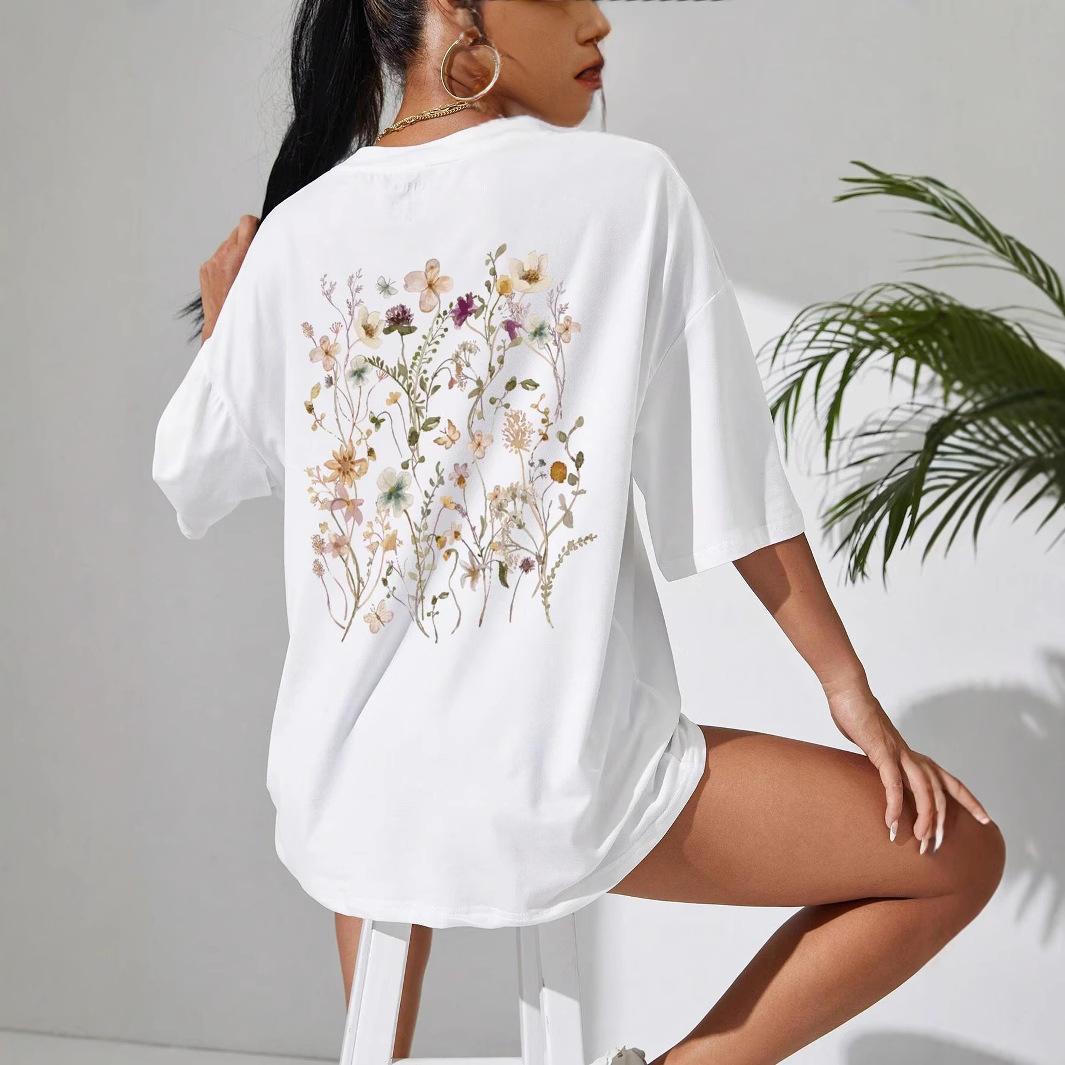 

Красивые цветочные принты хлопковые женские футболки повседневные дышащие мягкие топы с коротким рукавом свободные удобные уличные одежды XS белый