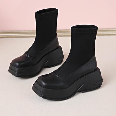 Stretch Stiefel Damen Runde Zehe Gespleißter Schaft Plateau Rutschfest Abriebfest Kurzer Schuh