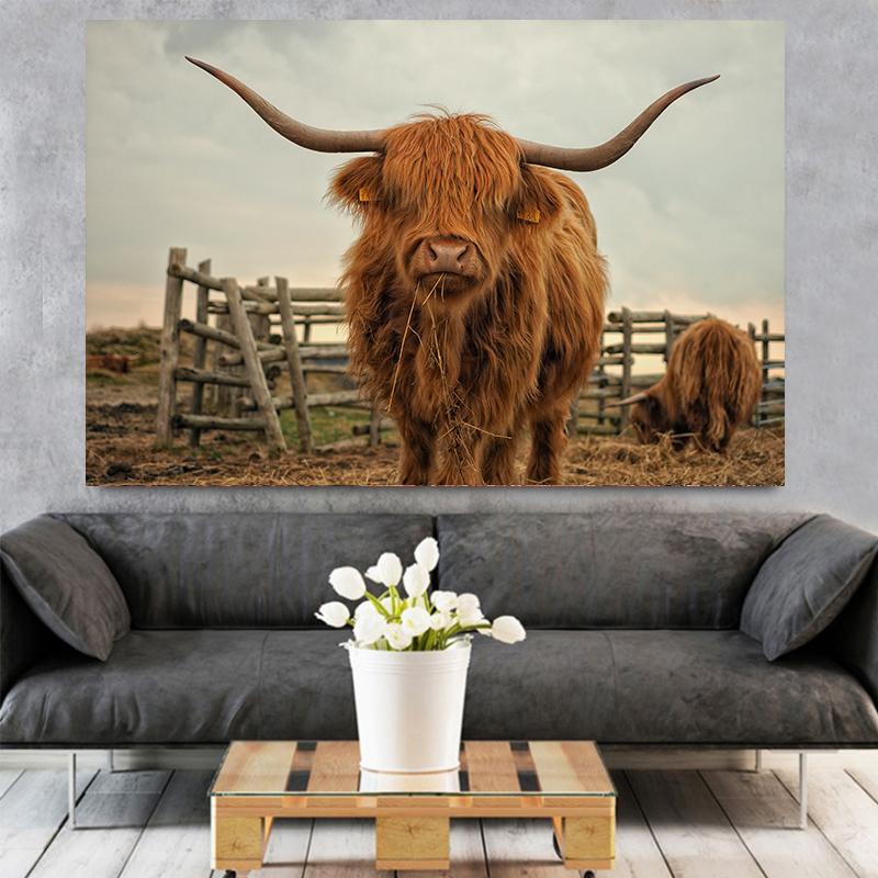Amazing Portrait of Scottish Highland Cow Wall Pictures Canvas Painting Animal Posters Prints Living Room Home Decor