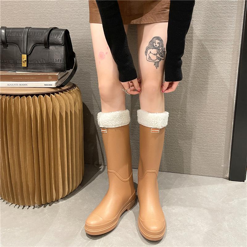 Fashion new high tube rain shoes female adult velvet warm non-slip water shoes high top boots cold rain shoes