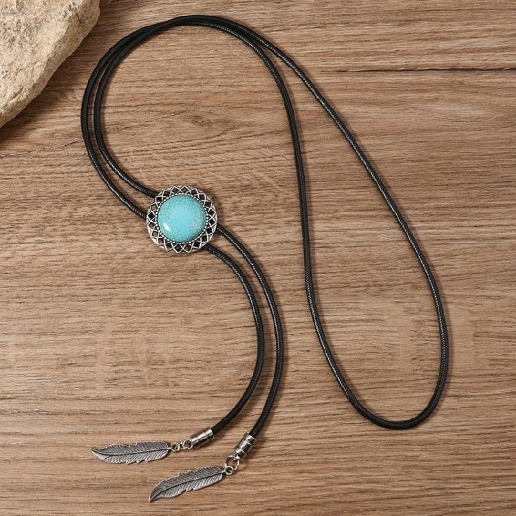 Men Women Western Cowboy Bolo Tie Vintage Turquoises Pendant Jewelry Leather Rope Necktie Tie Metal Feather Necklace