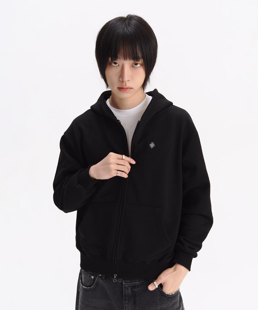 Slow Record House Crop Zip-Up Hoodie_Black