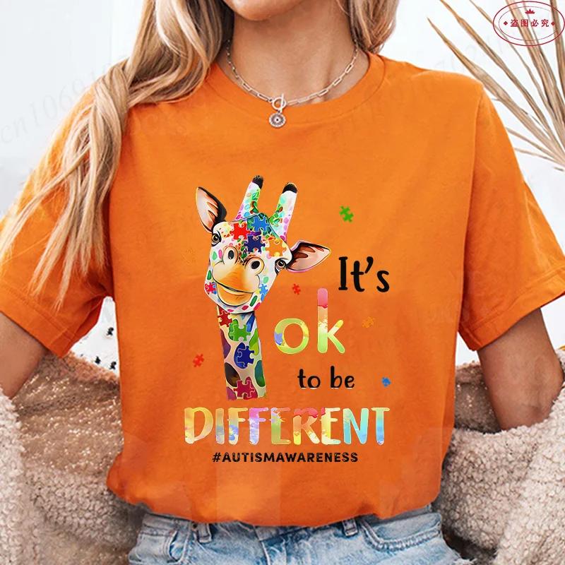 Je v pořádku být jiný Tričko s žirafou pro ženy Povědomí o autismu Akceptace Letní trička s krátkým rukávem Grafické Y2k topy