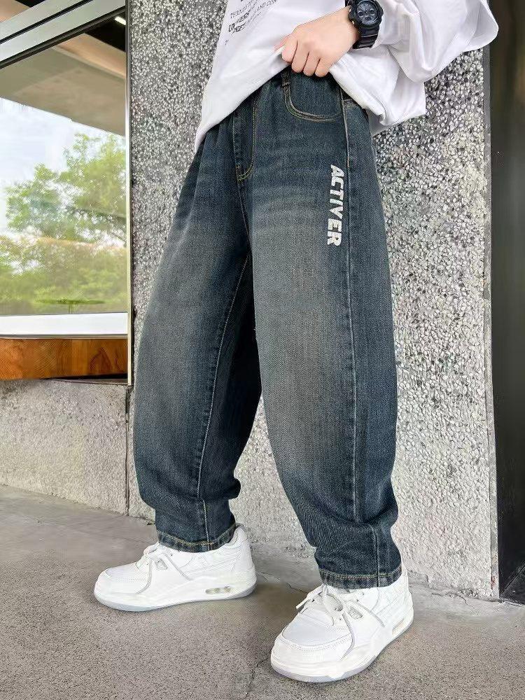 Boys' Velvet-Lined Jeans for Autumn/Winter - Medium/Large Children's One-Piece Long Pants