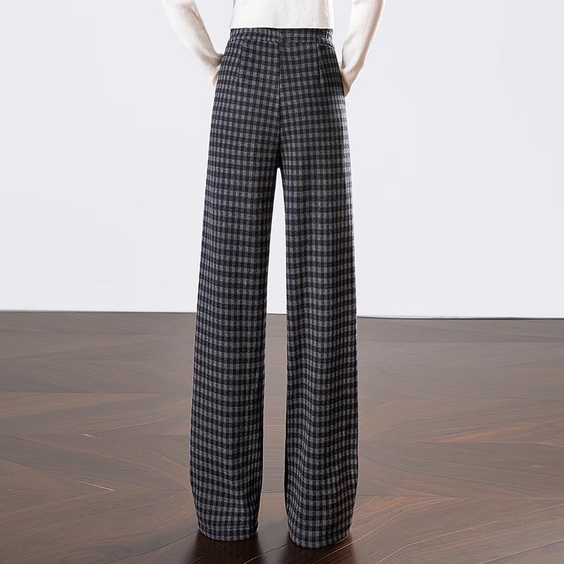 Si Baishe Women's Winter Fleece-Lined Plaid Wide-Leg Pants