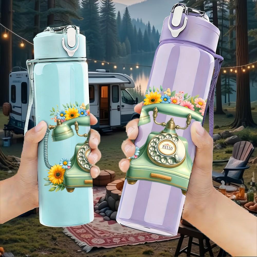 1PC Retro Vintage Telephone Pattern 750ml Color Plastic Sports Water Bottle Leakproof Flip Straw Lid Suitable for Sports Office Home Use