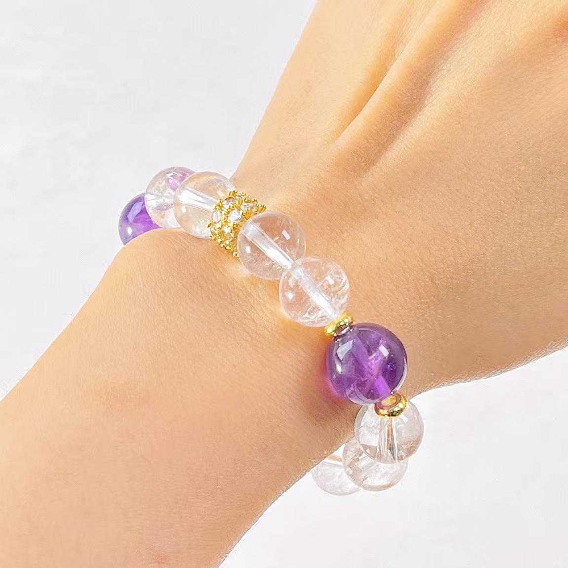 Vintage 10Mm Natural White Crystal 12Mm Amethyst Design Bracelet Bracelet
