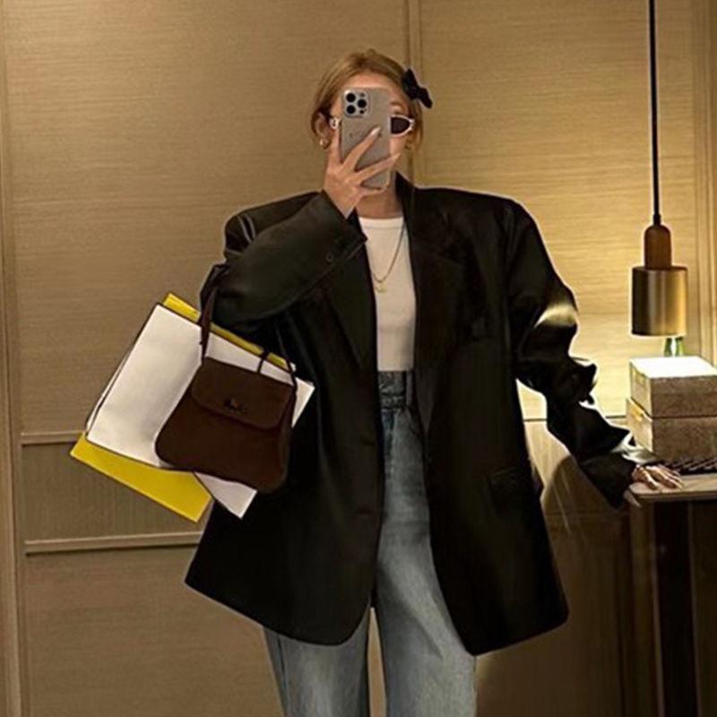 

Премиум свободный пиджак из искусственной кожи для женщин с нерастрескивающимися подбитыми плечами весна-осень модный женский костюм больших размеров 4XL чёрный