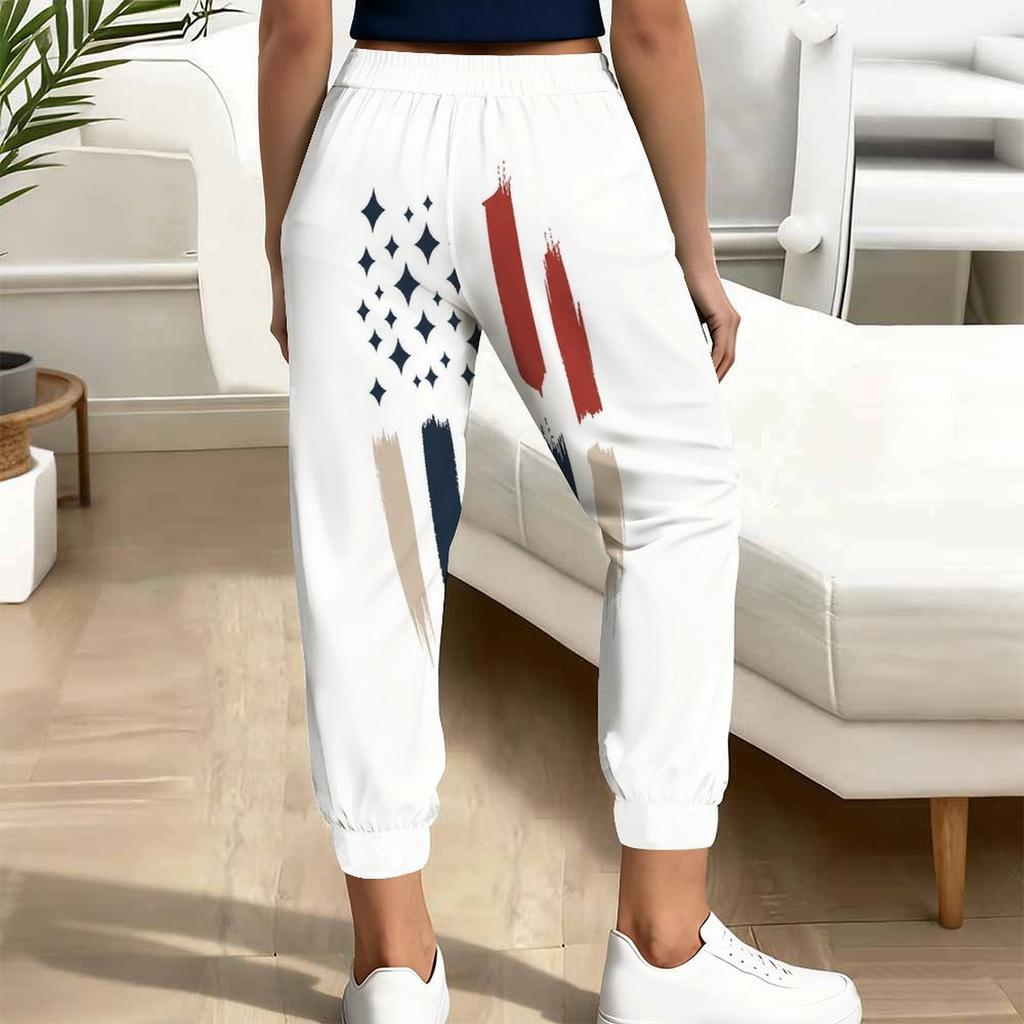 Women Plus Size American Flag Printed Jogger Pants Drawstring Waist Side Pockets Cuffed Ankle
