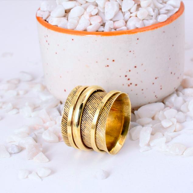 Handmade Brass Spinner Fidget Ring | Wide Band with Diagonal Etched Lines | Anxiety Relief Statement Meditation Jewelry