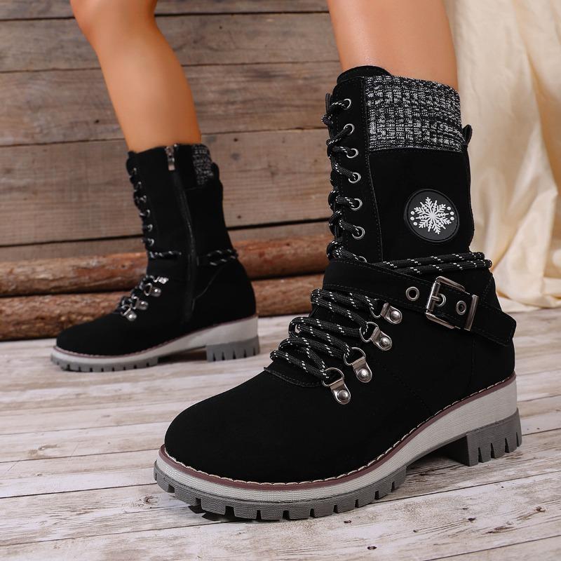 Plus-size Shoes, Mid-calf Women's Boots, Single Round Toe Square Heel Leather Buckle Boots