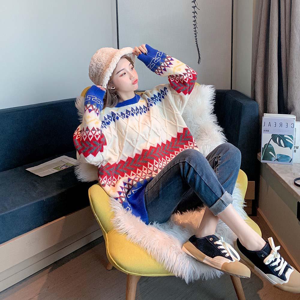 Autumn/Winter 2023 Women's Colorful Pattern Loose Knit Sweater - Round Neck, Long Sleeve Pullover