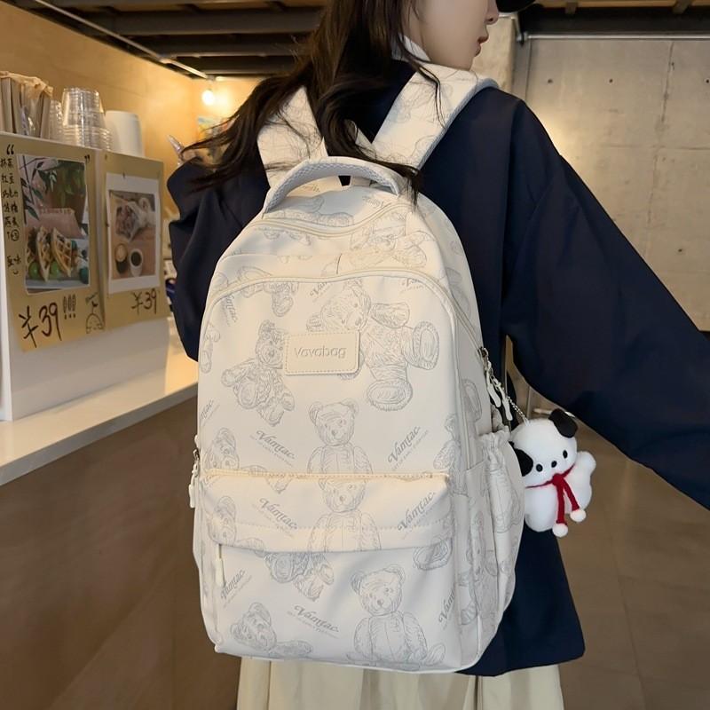 Cartoon Print Cute Bear Unisex Laptop Backpack For College High School Students Waterproof Nylon Material