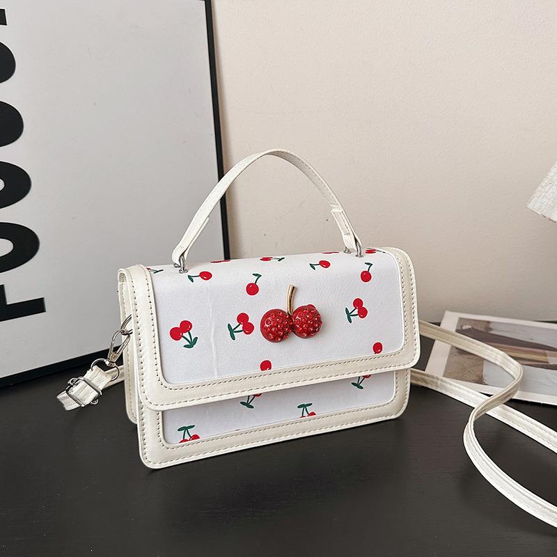 New cute cherry printed messenger bag twist portable small square bag splicing contrasting color design shoulder bag tide