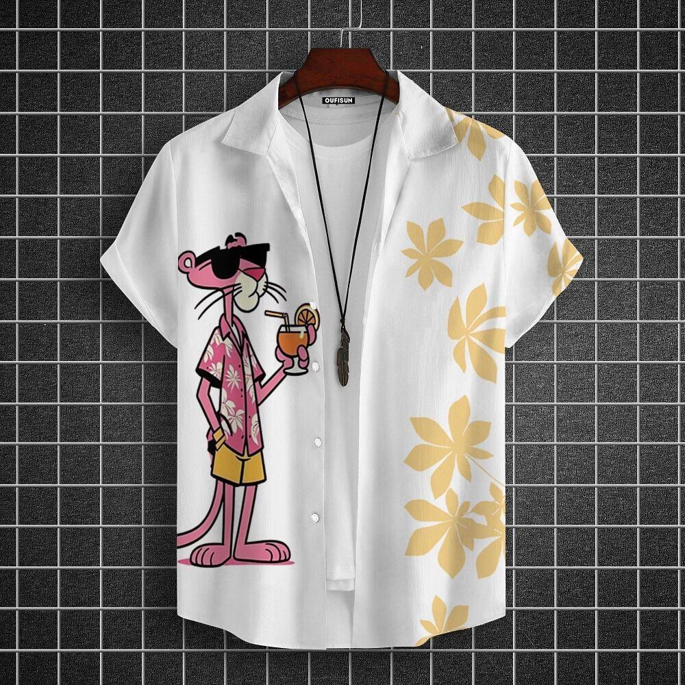Cartoon Leopard Grafik Herren Kurzarm Hemd mit Kragen Oberteile Unisex Rosa Knopfleiste Hawaiian Hemden Sommer Täglich Damen Blusen