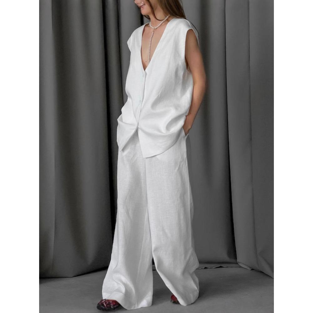 Vest suit European and American spring and summer temperament casual and comfortable V-neck vest straight pants suit S белый