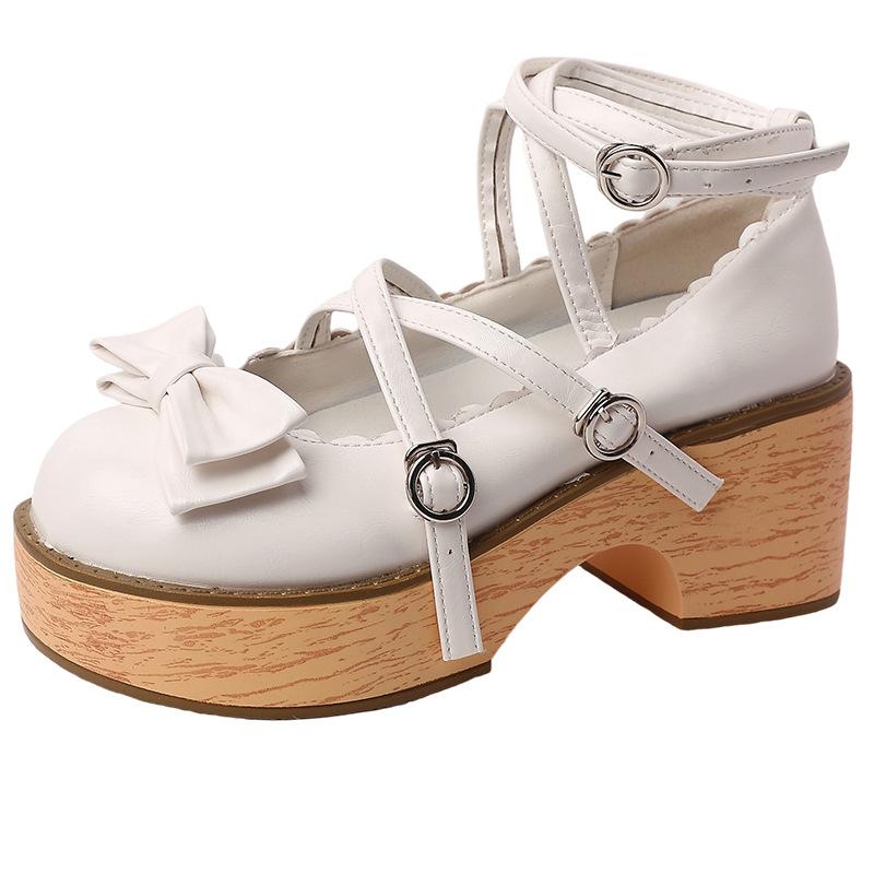 Cute bow Mary Jane shoes women's autumn design thick heel with skirt cross strap high heel single shoes tide