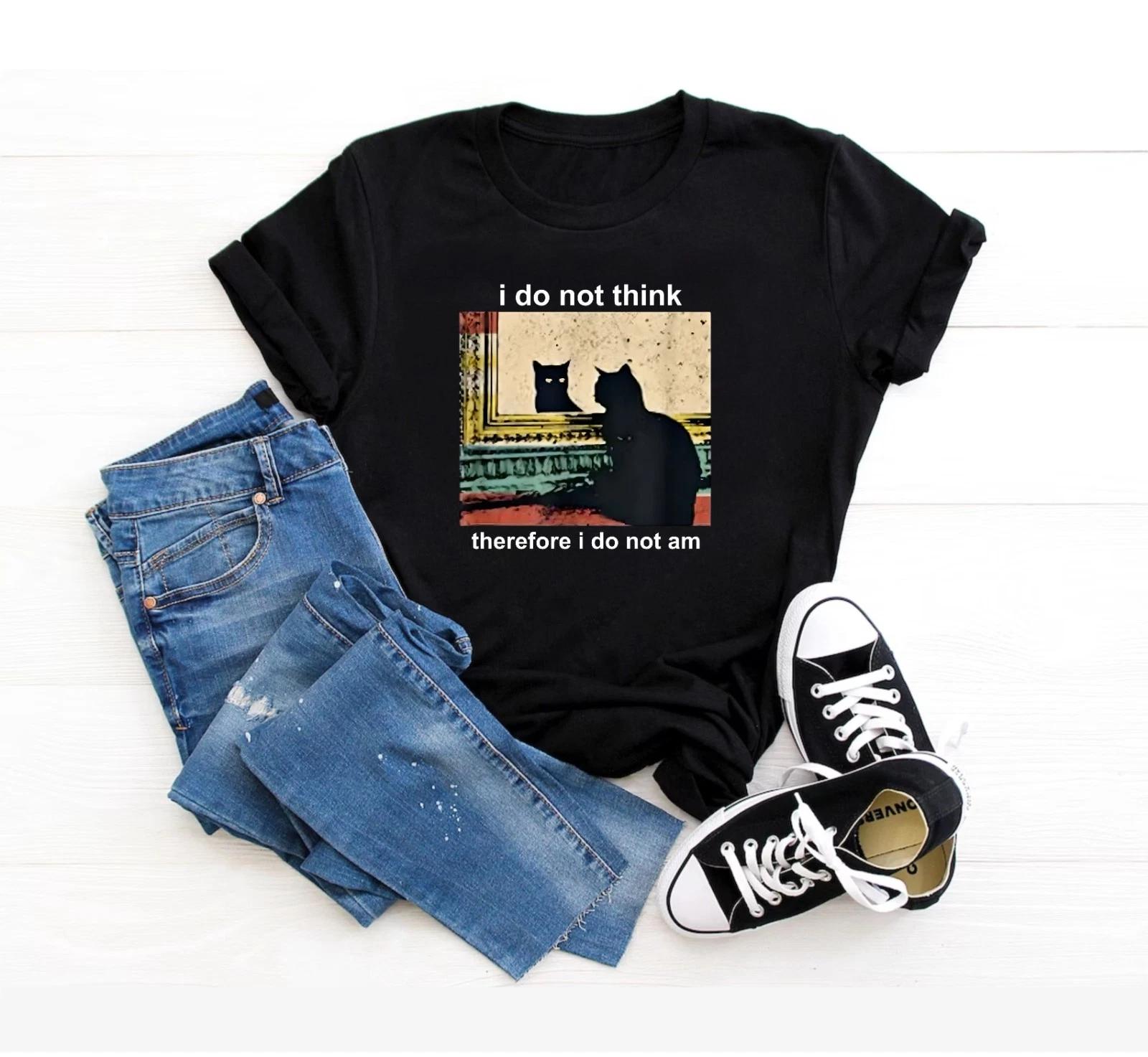 I do Not Think Therefore I do not Am Funny Y2k Cat T-Shirt, Kitten Meme T-Shirt L