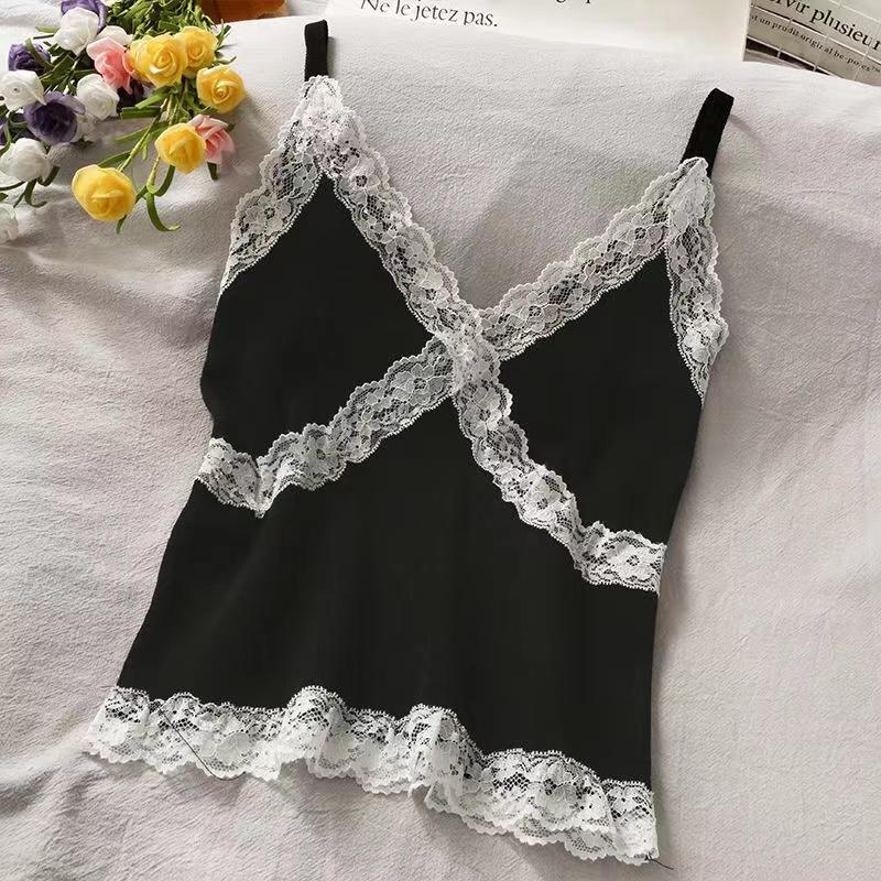 Women Summer 2025 Lace Fashion Tank Top Female Korean Style V Neck Sleeveless Sexy Blouse Cropped Knitwear