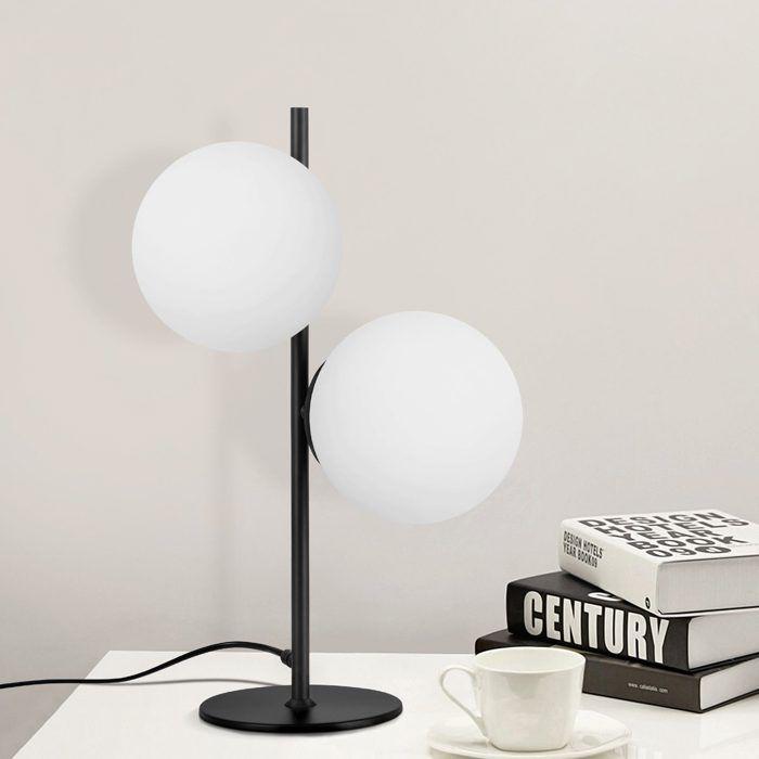 NETTLIFE Lampada da tavolo - 2 paralumi sferici bianco latte, base nera, attacco E27