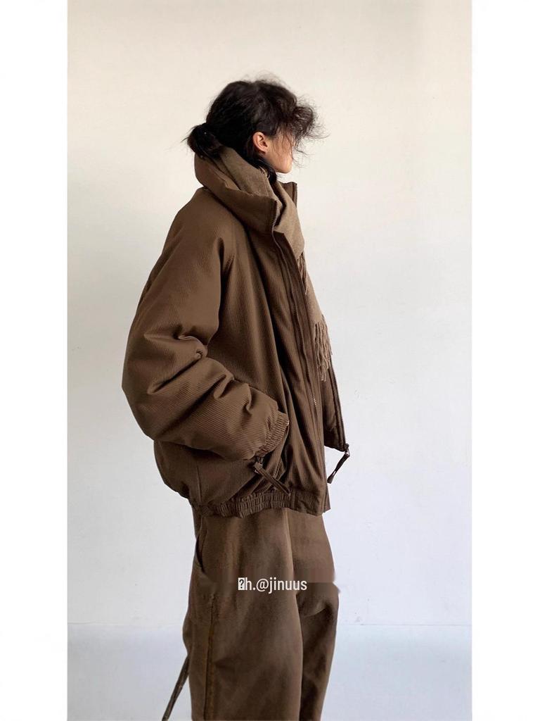 Unisex Neutral Maillard Coffee Stripe Cotton Puffer Jacket