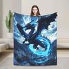 Mystische Drachen-Flanell-Decke – Wendbares Blau-Schwarz-Design – Ganzjahres-Überwurf für Schlafzimmer, Auto, Draußen