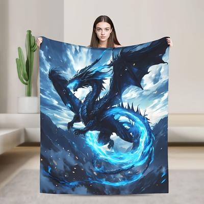 Mystische Drachen-Flanell-Decke – Wendbares Blau-Schwarz-Design – Ganzjahres-Überwurf für Schlafzimmer, Auto, Draußen