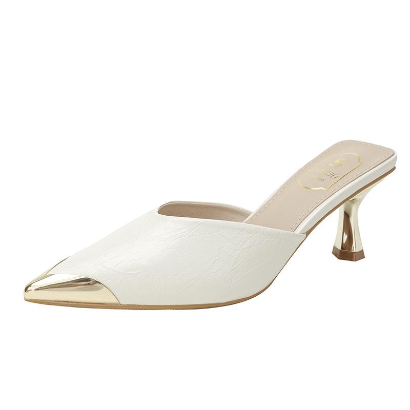 Spring and summer new bag head half slippers wear pointed low heel thick heel women's shoes cool slippers comfortable drag