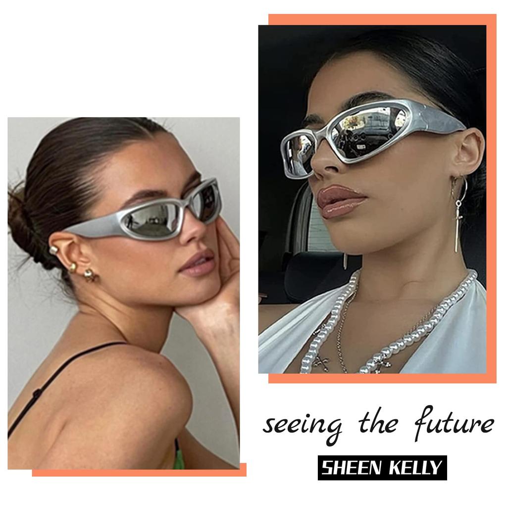 SHEEN KELLY Polarized Surround Mirrored Swift Oval Sports Y2K Eyewear Men's Sunglasses, Women's Sunglasses, Black/Silver, (Yellow)