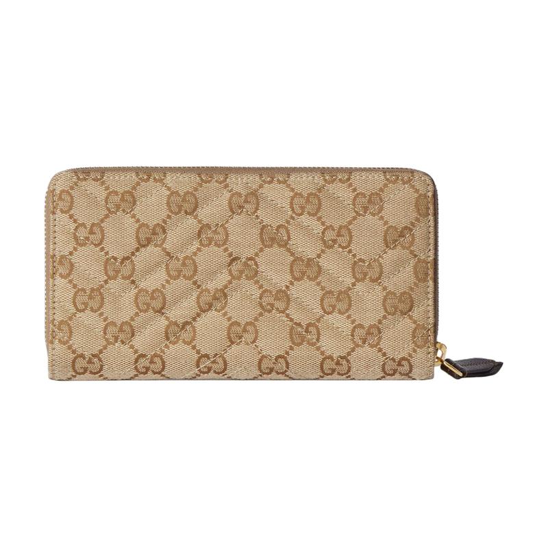 Gucci Double G Generation retro style gold hardware zipper closure GG canvas wallet women's sand color with dark brown